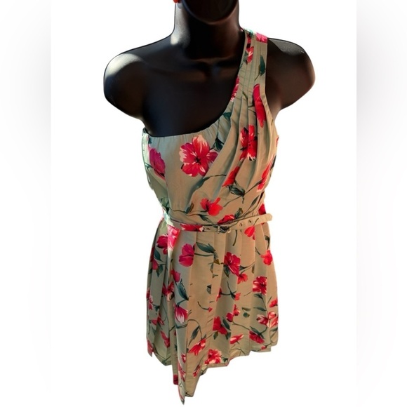 100% Silk Express Green Pink Floral One Shouldered Cocktail Dress size 2 - Picture 3 of 8
